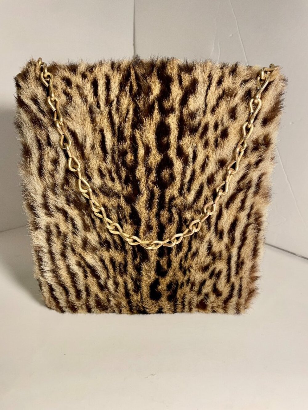 Vintage Leopard Fur Hinged Box Purse Handbag Gold Chain - RARE